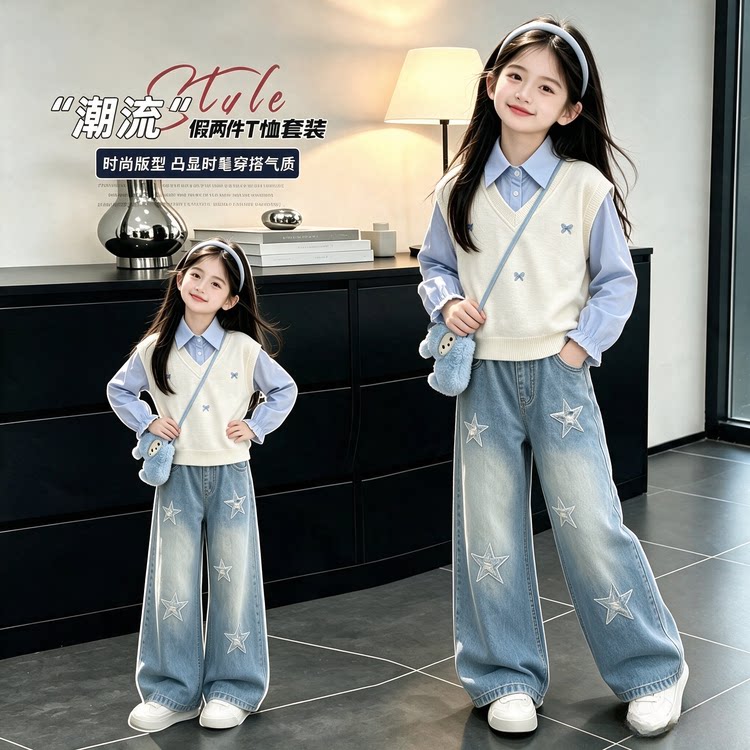 女童春季学院风假两件卫衣套装