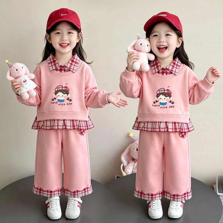 韩版女童春季纯棉卡通格纹套装