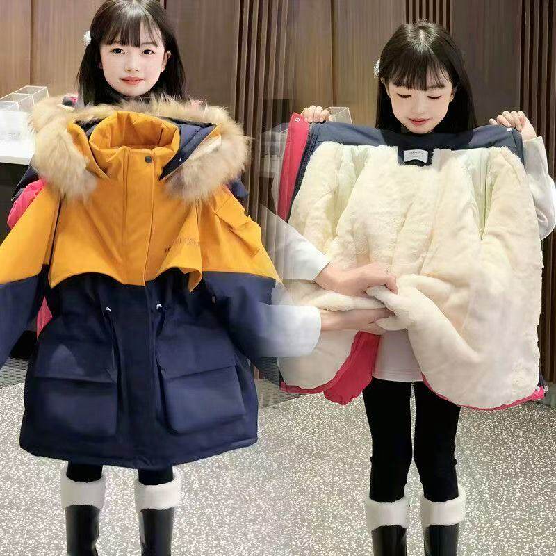 女童连帽拼色加厚保暖棉服