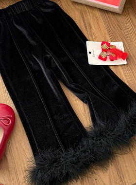 黑色丝绒阔腿裤女童毛边松紧腰长裤休闲百搭裤子