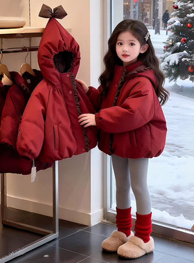 女童红色连帽棉服冬季加厚保暖洋气小红帽新年过年服外套
