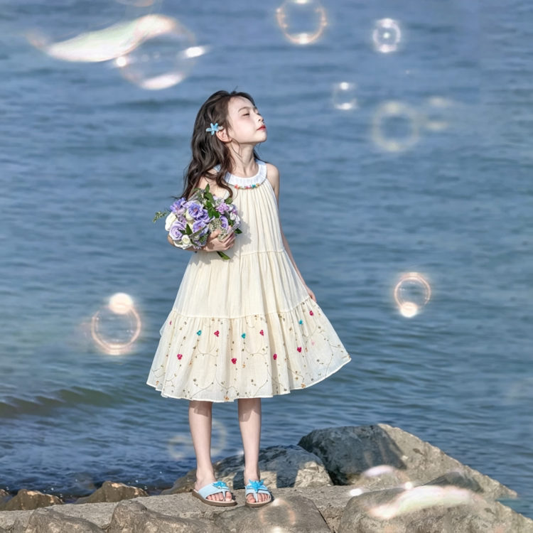 女童夏季挂脖碎花公主连衣裙