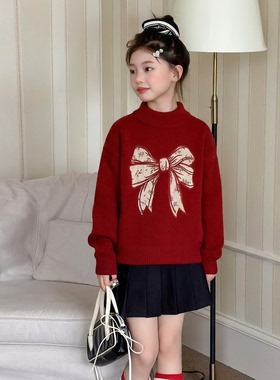 女童红色蝴蝶结毛衣加厚套头针织衫冬装保暖上衣