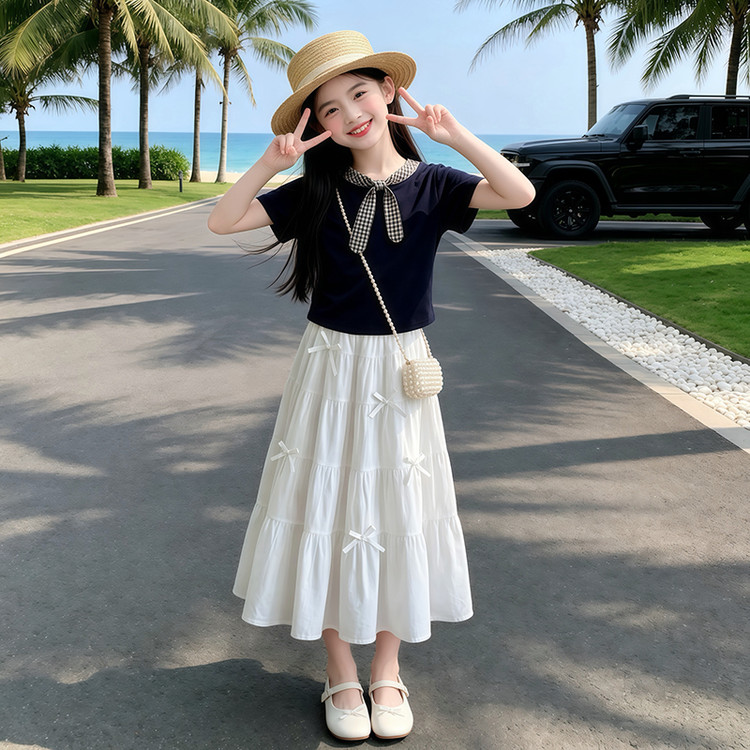 女童夏季学院风蝴蝶结蛋糕裙套装