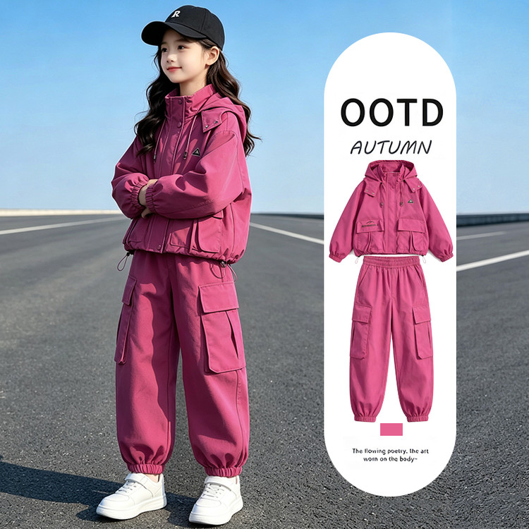 女童春秋玫红连帽运动两件套
