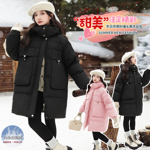 工装风中长款羽绒服女加厚白鸭绒连帽保暖外套显瘦