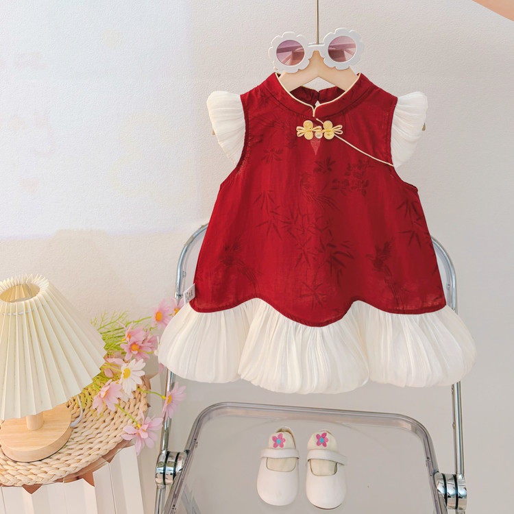 女童新中式红色无袖夏季礼服裙