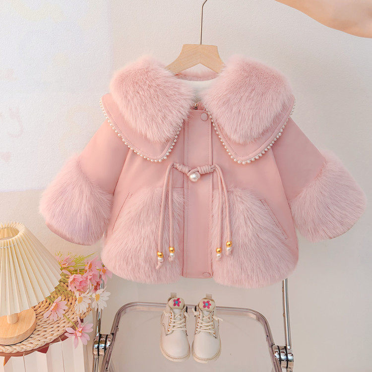 女童粉色加绒加厚翻领棉服
