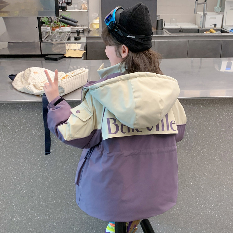 女孩冬季防锋衣Bellevill外套韩版字母紫色保暖防风衣连帽服
