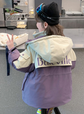 女孩冬季防锋衣Bellevill外套韩版字母紫色保暖防风衣连帽服
