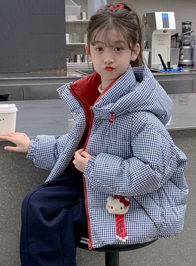 韩系蓝色格纹立领羽绒服女童2025冬季新款小个子保暖加厚外套