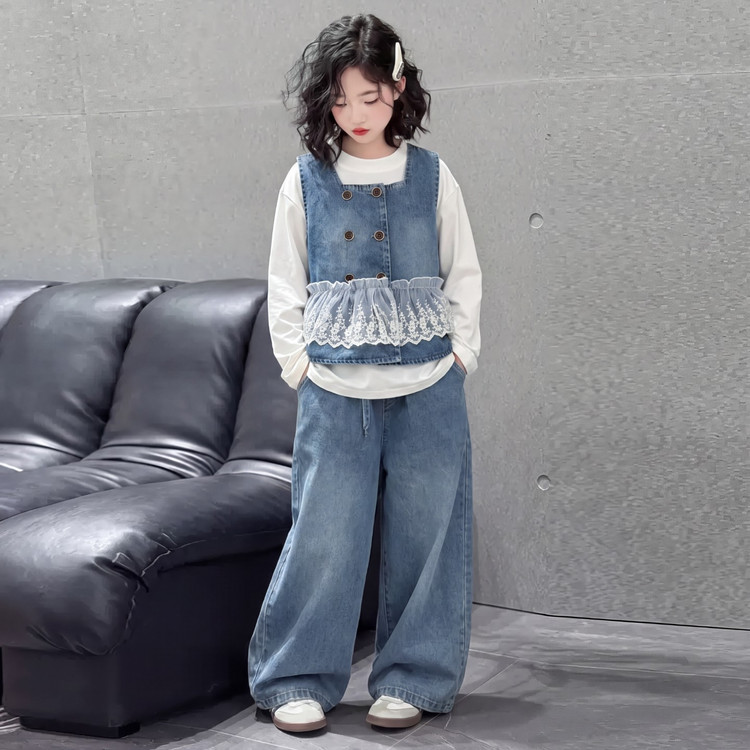 女童春秋牛仔三件套洋气阔腿裤