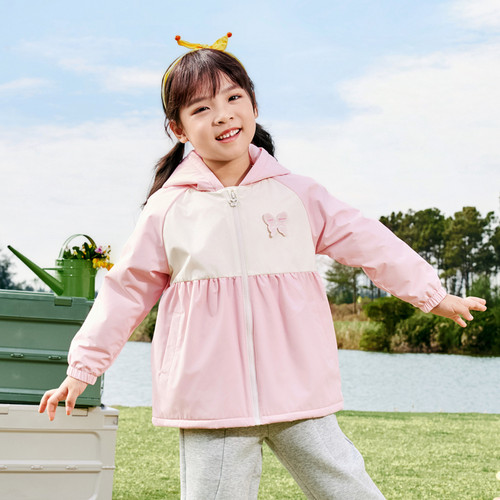 乔丹童装女童梭织风衣2025新款小童休闲连帽外套防风加绒女孩上衣
