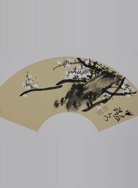 著名画家曾靖国画梅花定制现场纯手绘扇面孤品办公室客厅装饰挂画