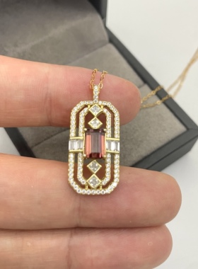 出口日本纯银镀金天然红碧玺吊坠孤品镶金品质全净体1.79克拉