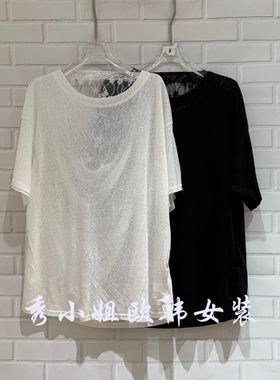 欧洲站2026夏新款百搭圆领短袖宽松显瘦后蕾丝T恤女上衣女89235