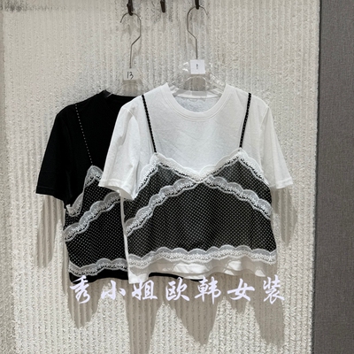 欧洲站2026夏新款蕾丝波点假两件短袖T恤女宽松百搭时髦上衣70758
