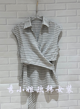 欧洲站2026夏季新款百搭翻领撞色格子交叉显瘦无袖系带小衫041003