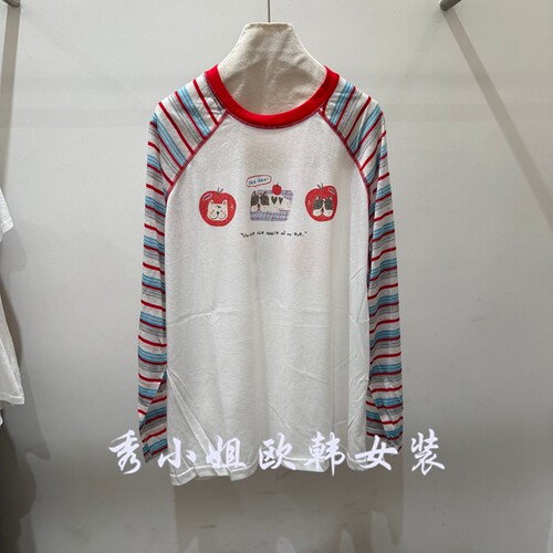 欧洲站2026夏季新款卡通苹果小狗印花宽松条纹拼接圆领长袖T恤