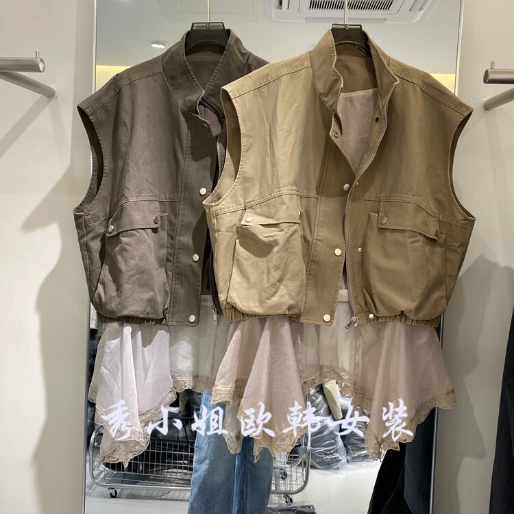 欧洲站2026秋新款立领无袖马甲女单排扣拼接网纱背心外套26089