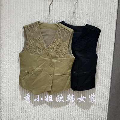 欧洲站2026夏季新款V领单排扣蕾丝拼接马甲女气质修身百搭00228