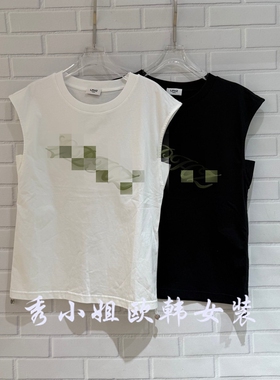 欧洲站2026夏新款字母刺绣无袖T恤女侧抽绳收腰显瘦背心上衣1049