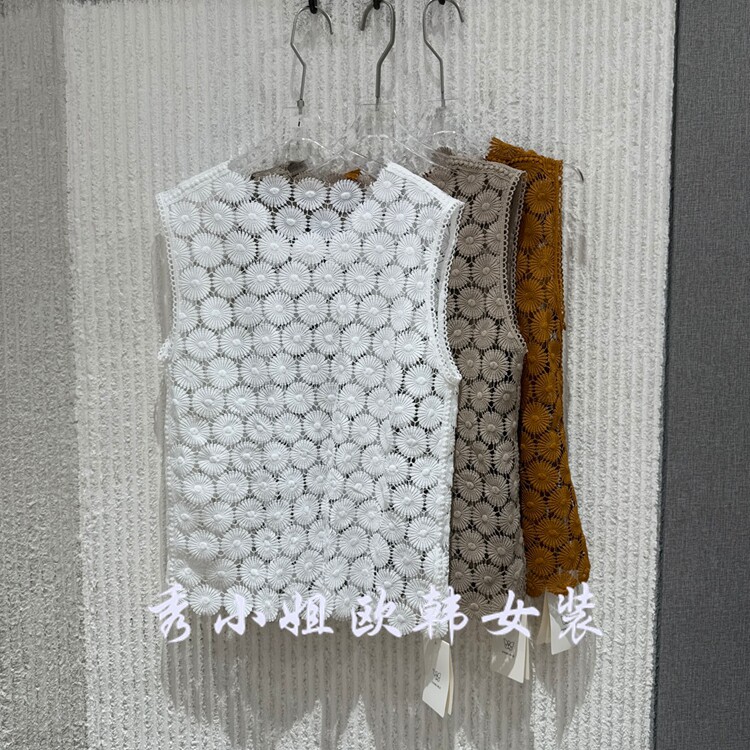 欧洲站2026夏季新款时尚百搭圆领无袖镂空钩花背心女320