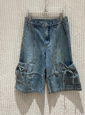 欧洲站2026夏季新款净版高腰显瘦口袋蝴蝶结阔腿牛仔五分裤06321