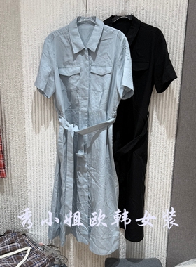 欧洲站2026夏新款衬衫连衣裙女翻领系带收腰显瘦百搭长裙15599