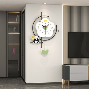 创意熊猫挂钟客厅高级感现代简约静音钟表家用装 饰时钟挂墙免打孔