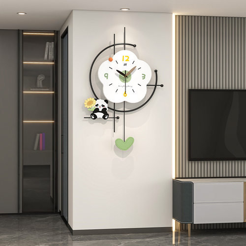 创意熊猫挂钟客厅高级感现代简约静音钟表家用装饰时钟挂墙免打孔