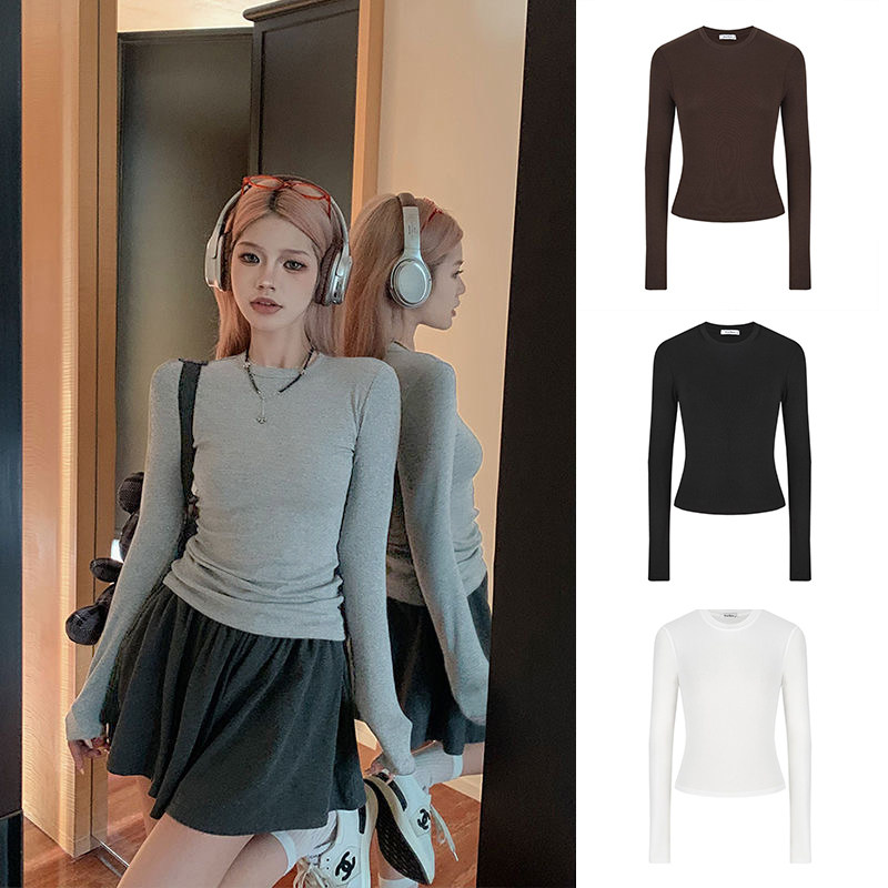 2025秋季复古设计修身长袖T恤女显瘦百搭纯欲辣妹纯色打底衫上衣