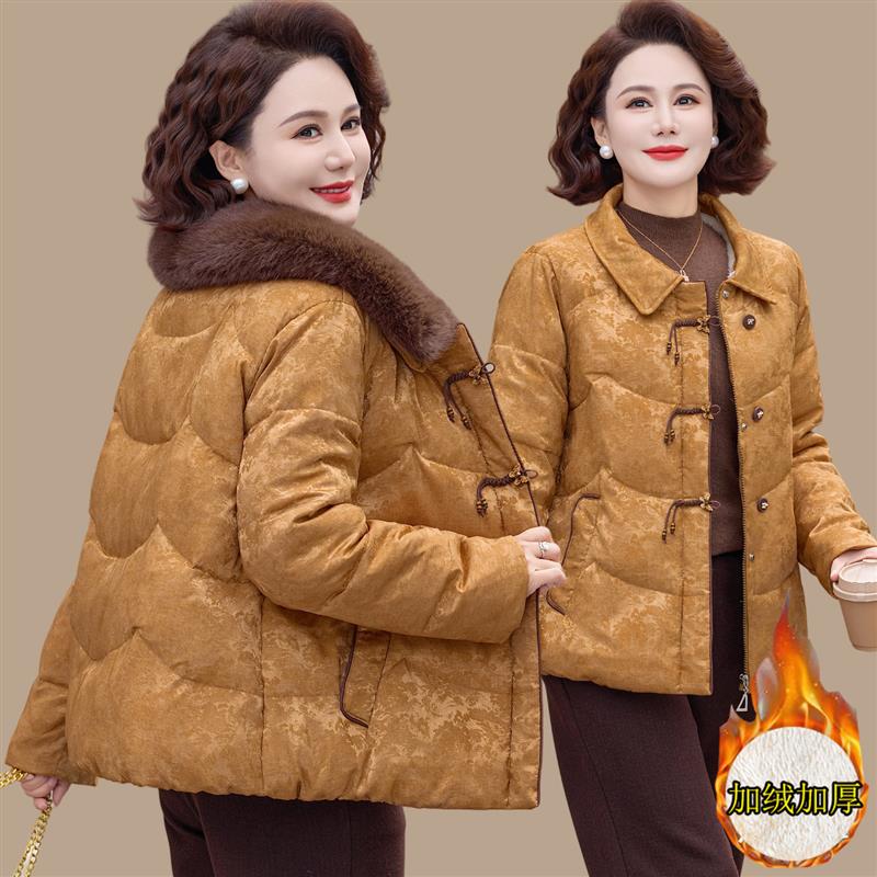 新中式妈妈冬装羽绒棉服洋气加绒棉衣外套中老年人女加厚国风棉袄