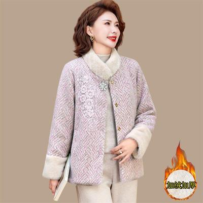 妈妈冬装仿水貂绒外套新款中老年女时尚保暖棉衣加厚毛呢大衣加绒