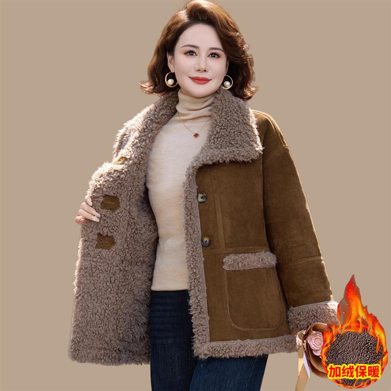 妈妈冬装加绒外套洋气皮毛一体大衣服加厚中老年人女冬季保暖棉袄