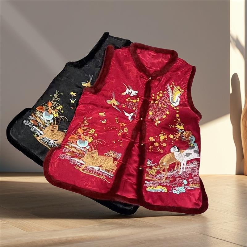 非遗宝相奔鹿新中式国风刺绣加棉马甲背心女秋冬装新款款马夹274