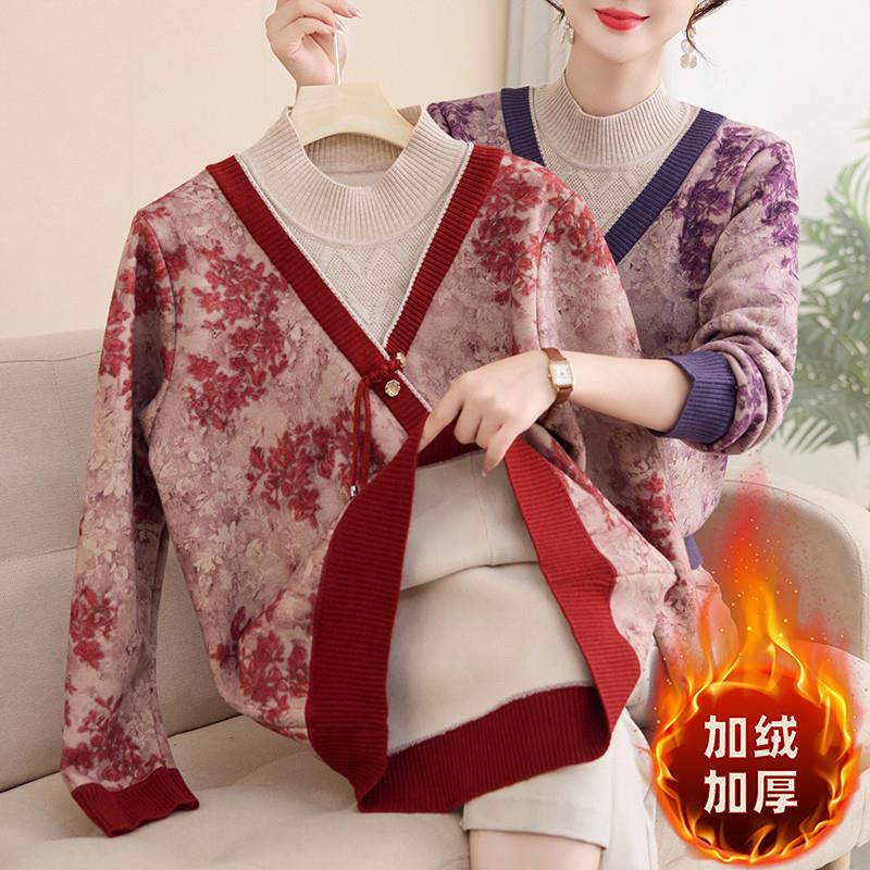 2025新款妈妈装冬季国风一体绒保暖上衣中老年女装加绒加厚打底衫