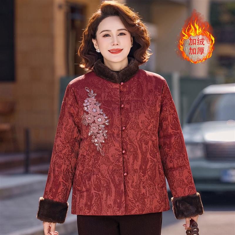 中国刺绣风妈妈冬装加绒加厚棉衣毛立领外套中老年女保暖洋气棉袄