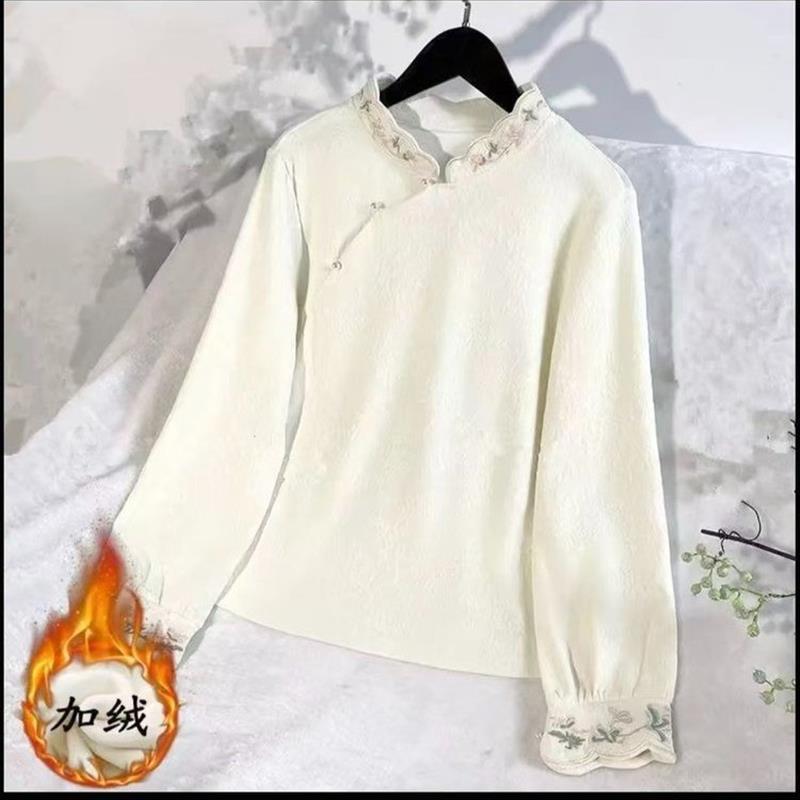 新中式加绒保暖打底衫中老年女秋冬新款国风刺绣加厚短款旗袍上衣