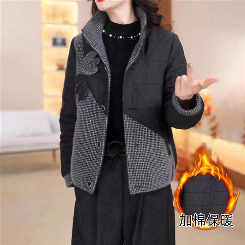 2025冬新款加棉时尚短外套休闲减龄中年拼接撞色翻领气质保暖棉服