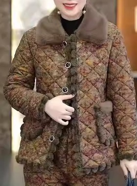 中老年女加厚毛领棉衣套装妈妈装冬季保暖碎花两件套保暖棉袄外套