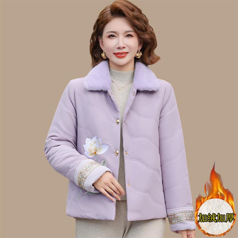 妈妈洋气棉衣外套中年女装加绒加厚棉袄中老年秋冬季保暖棉服短款