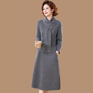 妈妈冬装水貂绒连衣裙套装中老年女秋冬阔太太打底加厚裙子两件套