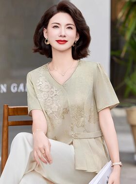 新中式提花短袖上衣女夏季新款