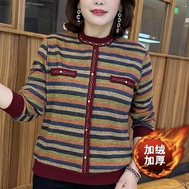 中老年妈妈装洋气圆领加绒上衣2025冬季新款宽松百搭保暖打底衫女