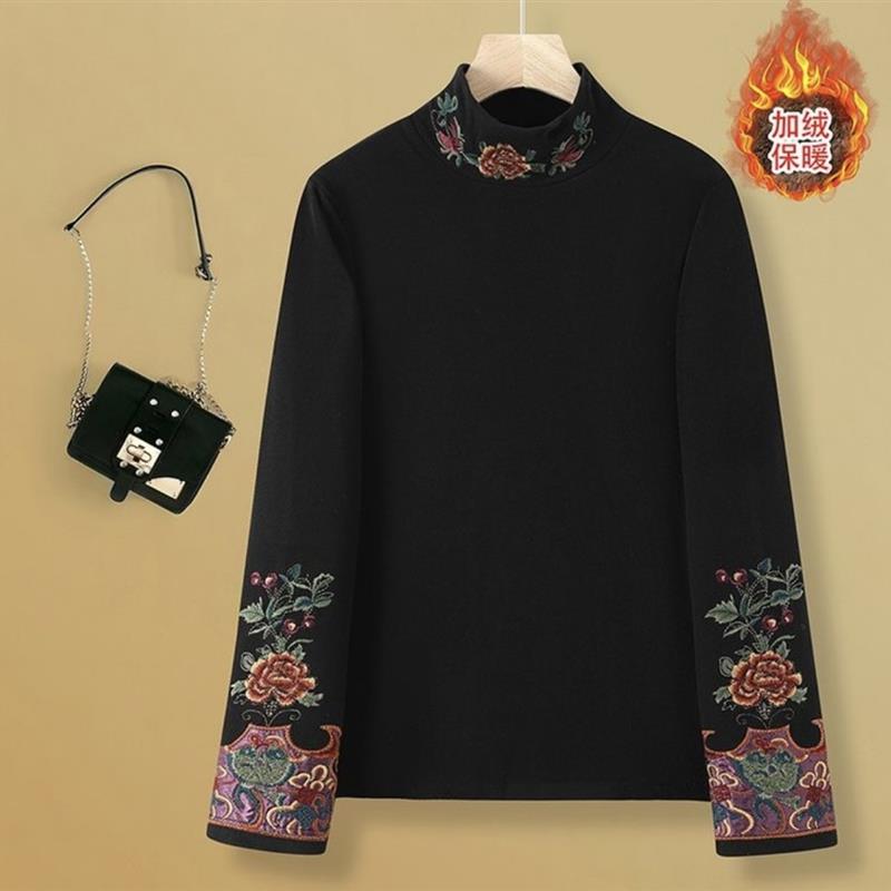 2025秋冬新款半高领刺绣打底衫女内搭加绒保暖长袖t恤上衣