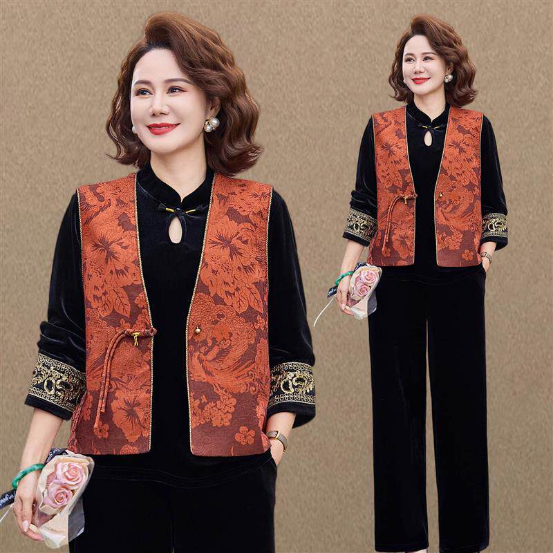 新中式妈妈春装国风提花马甲三件套女2026新款中老年人金丝绒套装
