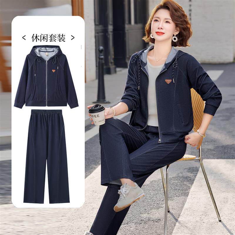 中年女士春装运动套装休闲新款妈妈牛仔外套运动服女春秋两件套春