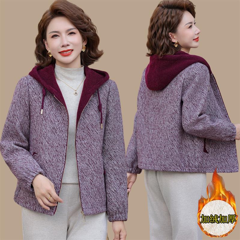 妈妈冬装水貂绒外套加绒加厚上衣洋气中老年女冬季连帽毛呢子大衣