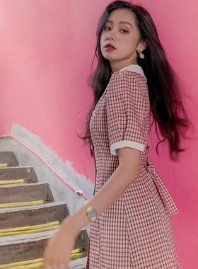 新款收腰气质a字裙夏天裙子小个子红色西装格子连衣裙女夏季